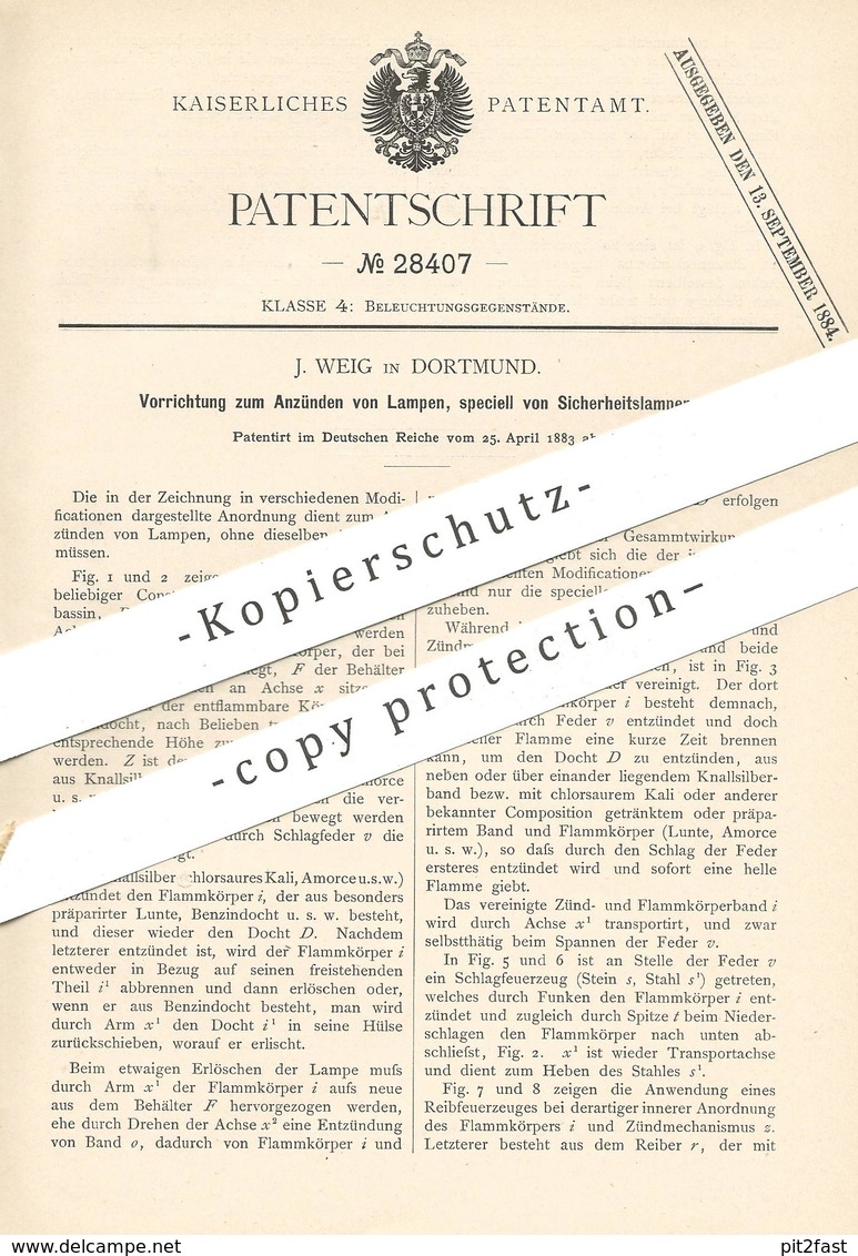 Original Patent - J. Weig , Dortmund , 1883 , Anzünden Von Lampen | Zünder , Lampe , Brenner , Licht | Knallsilber !! - Documenti Storici