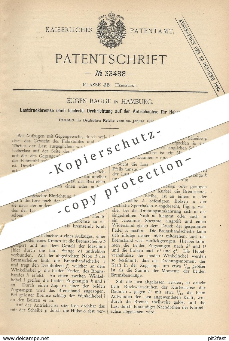 Original Patent - Eugen Bagge , Hamburg , 1885 , Lastdruckbremse Für Hebezeuge | Fahrstuhl | Bremse | Aufzug !!! - Historische Dokumente