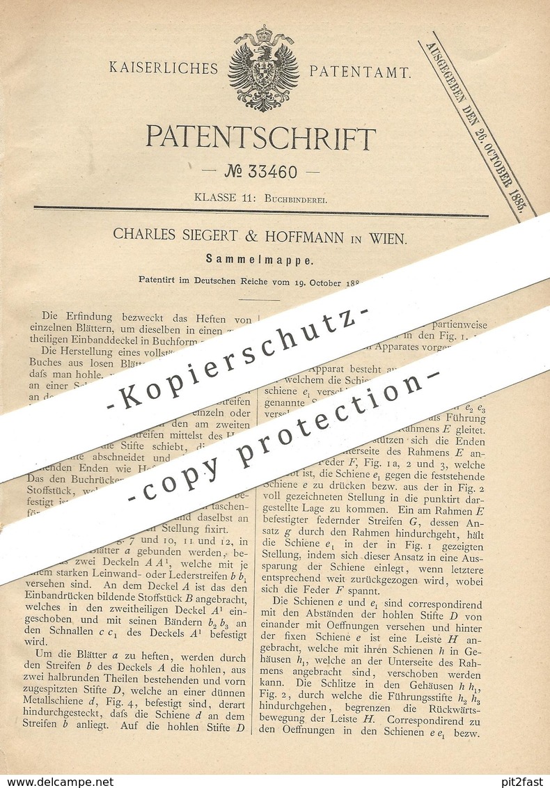 Original Patent - Charles Siegert & Hoffmann , Wien , 1884 , Sammelmappe | Mappe | Buchbinder , Buch , Buchbinderei !! - Historische Dokumente