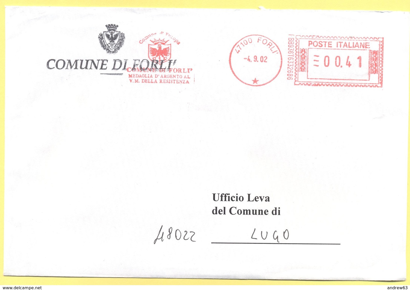 ITALIA - ITALY - ITALIE - 2002 - 00,41 EMA, Red Cancel - Comune Di Forlì - Viaggiata Da Forlì Per Lugo - Macchine Per Obliterare (EMA)