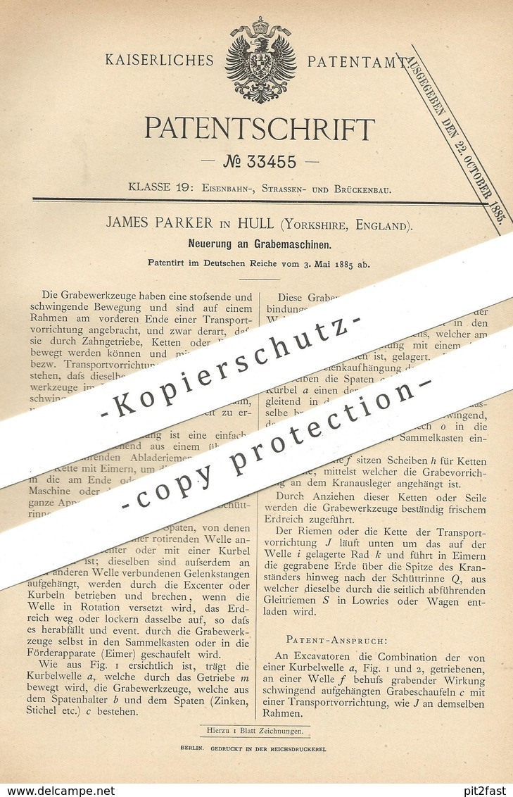 Original Patent - James Parker , Hull , Yorkshire , England  1885 , Grabemaschine | Bagger , Kran , Straßenbau , Tiefbau - Historische Dokumente