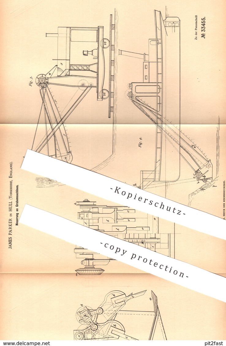 Original Patent - James Parker , Hull , Yorkshire , England  1885 , Grabemaschine | Bagger , Kran , Straßenbau , Tiefbau - Historische Dokumente
