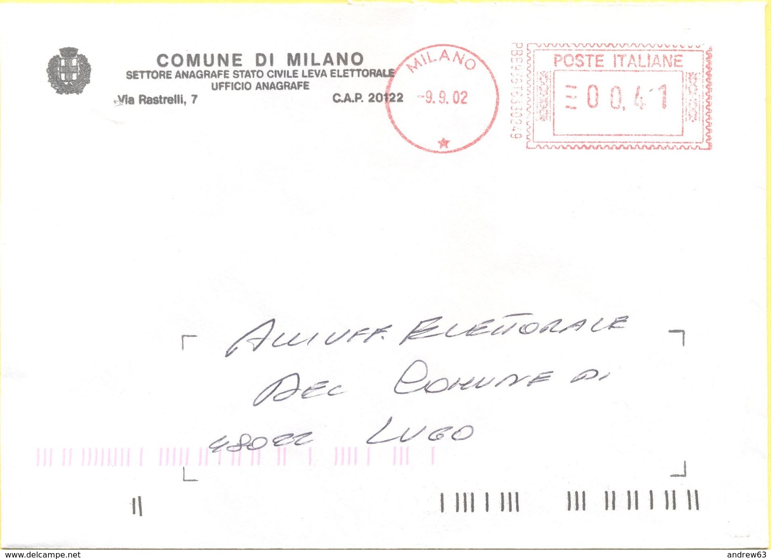 ITALIA - ITALY - ITALIE - 2002 - 000,41 EMA, Red Cancel - Comune Di Milano - Viaggiata Da Milano Per Lugo - Macchine Per Obliterare (EMA)