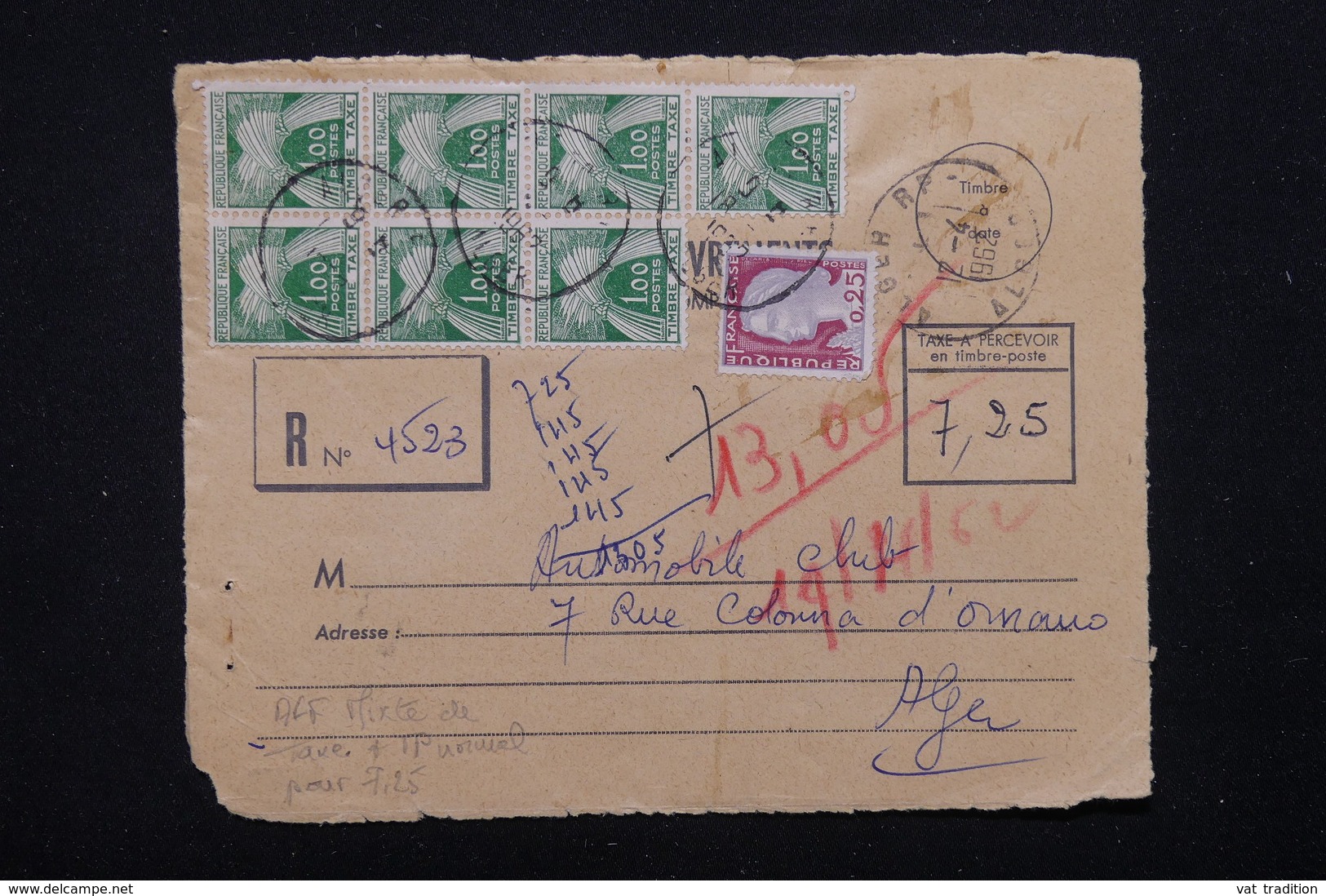 FRANCE - Taxes De Alger ( Gerbes 1f En Bloc De 7 ) Sur Devant D 'enveloppe De Recouvrements En 1962 - L 22675 - 1859-1959 Lettres & Documents