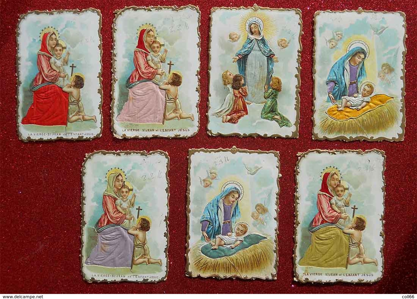 7 Adorables Chromos Avec Inclusion Tissu Originales La Vierge St Jean Et L'enfant Jésus Dos Scanné - Autres & Non Classés