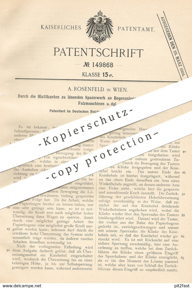 Original Patent - A. Rosenfeld , Wien , 1902 , Spannwerk An Bogenanleger Für Presse , Falzmaschine | Pressen | Papier !! - Historische Dokumente