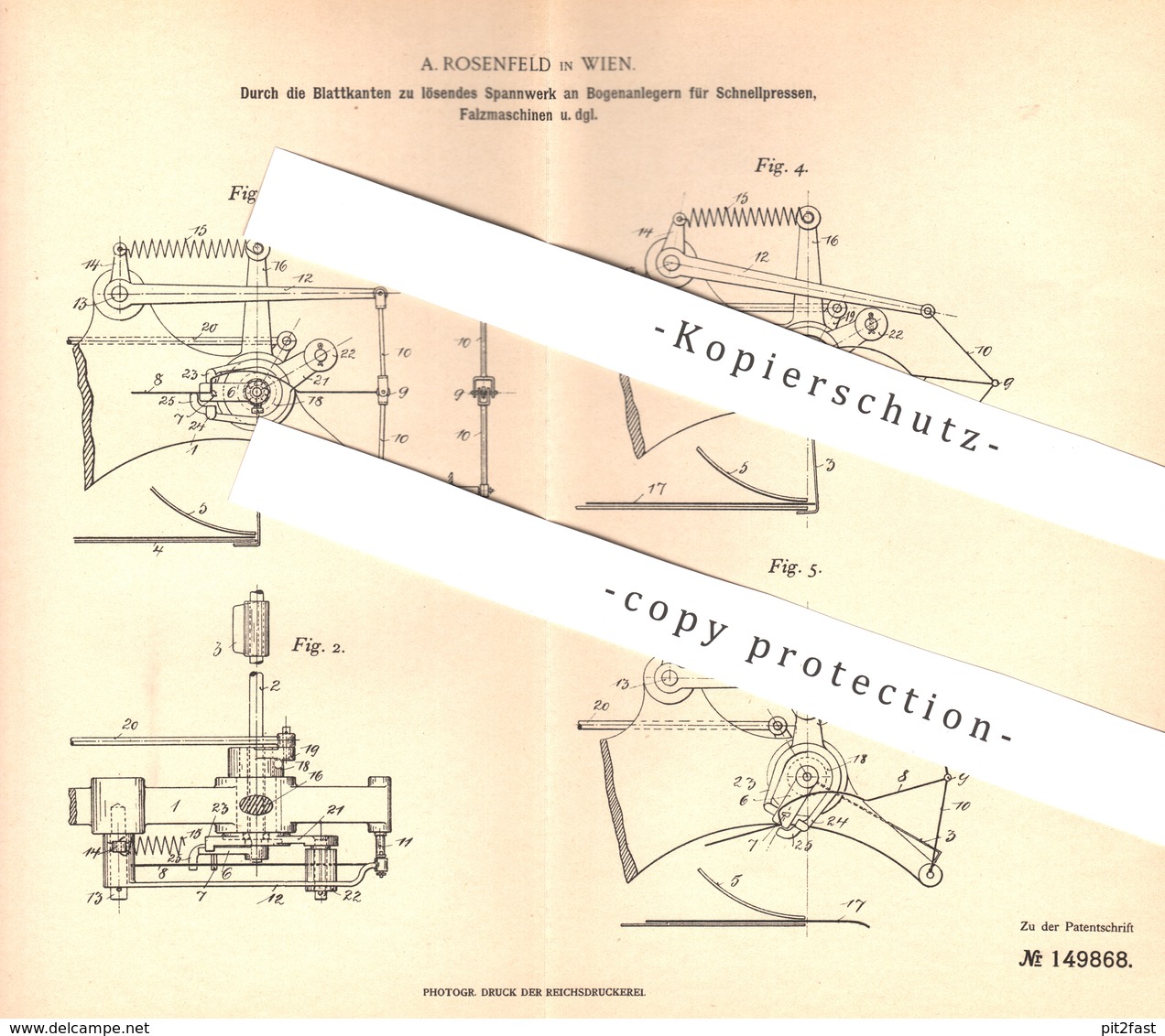 Original Patent - A. Rosenfeld , Wien , 1902 , Spannwerk An Bogenanleger Für Presse , Falzmaschine | Pressen | Papier !! - Historische Dokumente