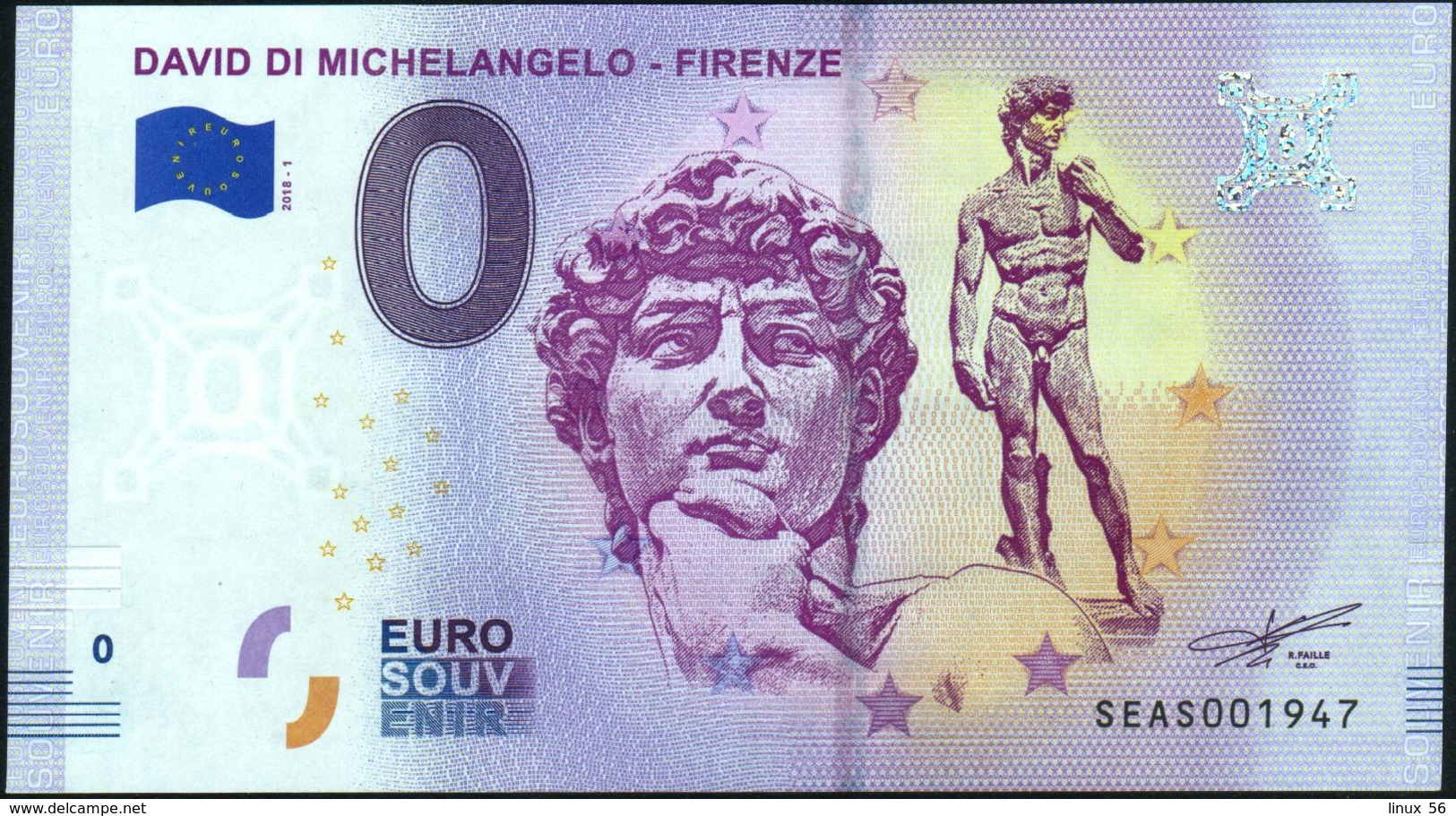 Zero - BILLET EURO O Souvenir - DAVIDE DI MICHELANGELO-FIRENZE 2018-1set UNC {Italy} - Privéproeven