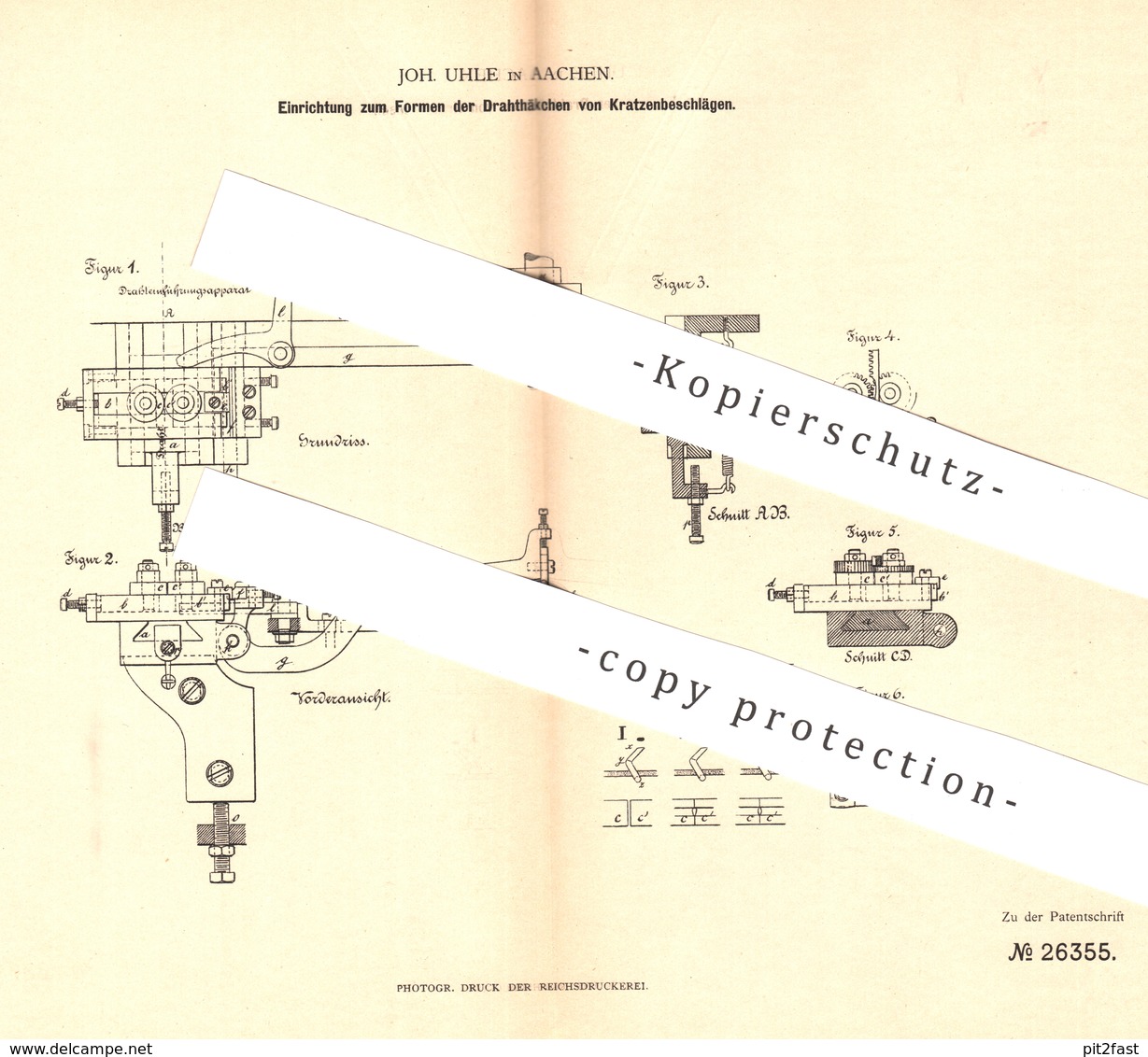 Original Patent - Joh. Uhle , Aachen , 1883 , Formen Der Haken Vom Kratzenbeschlag | Metall , Draht , Blech !!! - Historische Dokumente