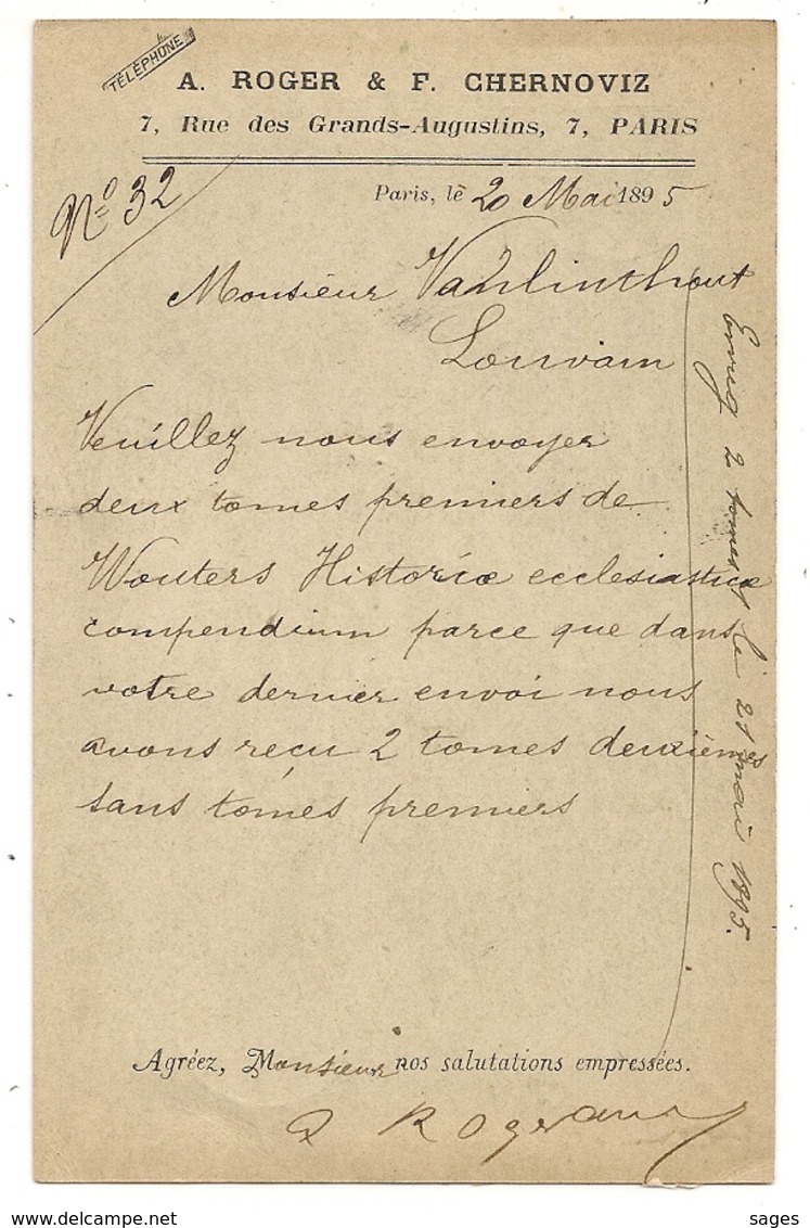 Repiquage Privé A.ROGER & F. CHERNOVIZ (Téléphone En 1895) Pour Louvain Belgique. PARIS 26 Section De Levée GARE DU NORD - 1877-1920: Période Semi Moderne