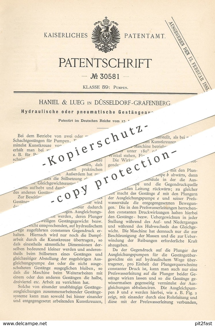 Original Patent - Haniel & Lueg , Düsseldorf / Grafenberg 1884 , Hydraulische Pneumatische Gestängeausgleichung | Pumpe - Historische Dokumente