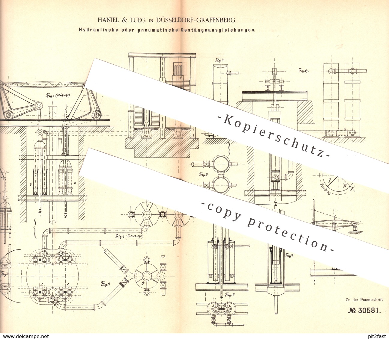 Original Patent - Haniel & Lueg , Düsseldorf / Grafenberg 1884 , Hydraulische Pneumatische Gestängeausgleichung | Pumpe - Historische Dokumente