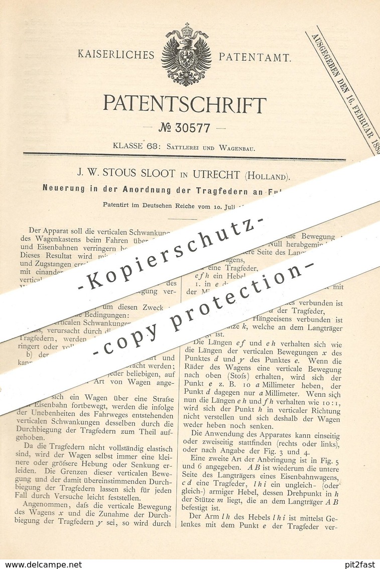 Original Patent - J. W. Stous Sloot , Utrecht , Holland , 1884 , Tragfedern Am Fuhrwerk | Kutsche , Wagen , Pferde ! - Historical Documents