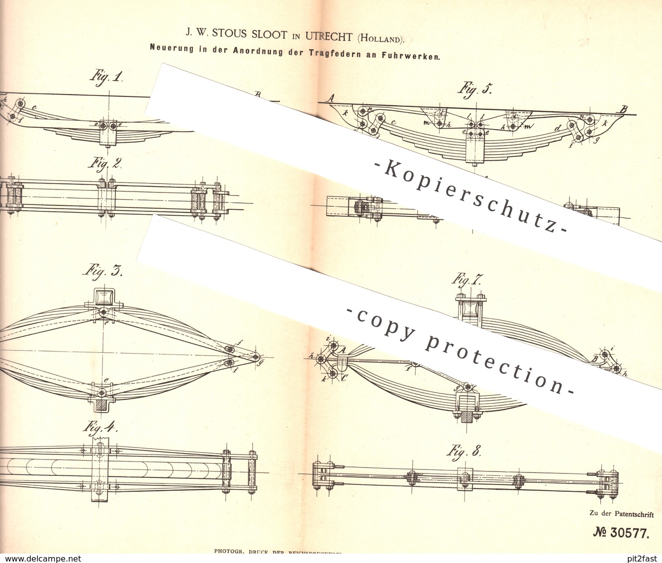 Original Patent - J. W. Stous Sloot , Utrecht , Holland , 1884 , Tragfedern Am Fuhrwerk | Kutsche , Wagen , Pferde ! - Historische Dokumente