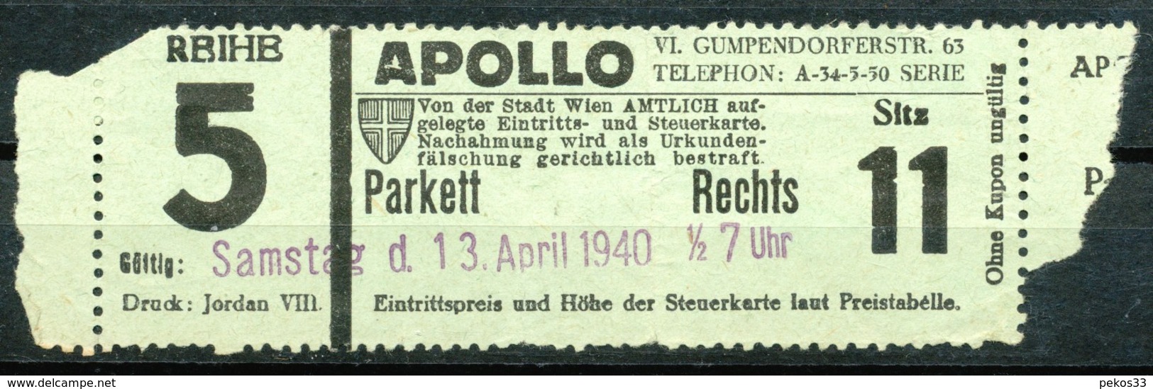 Österreich -  Eintrittskarten  Wien  Apollo  Kino - Biglietti D'ingresso