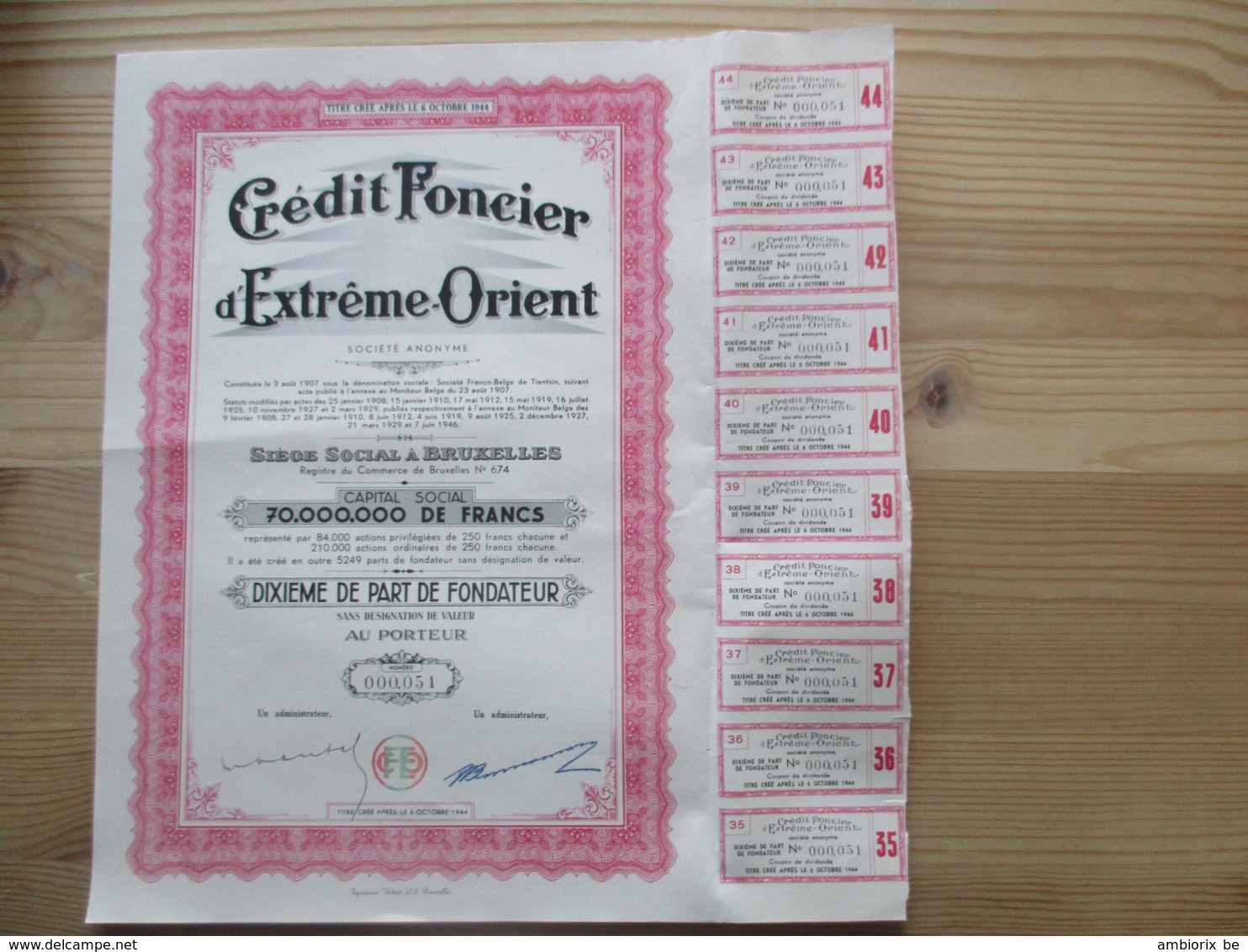 Crédit Foncier D'Extrême Orient - Dixième De Part De Fondateur - Banque & Assurance