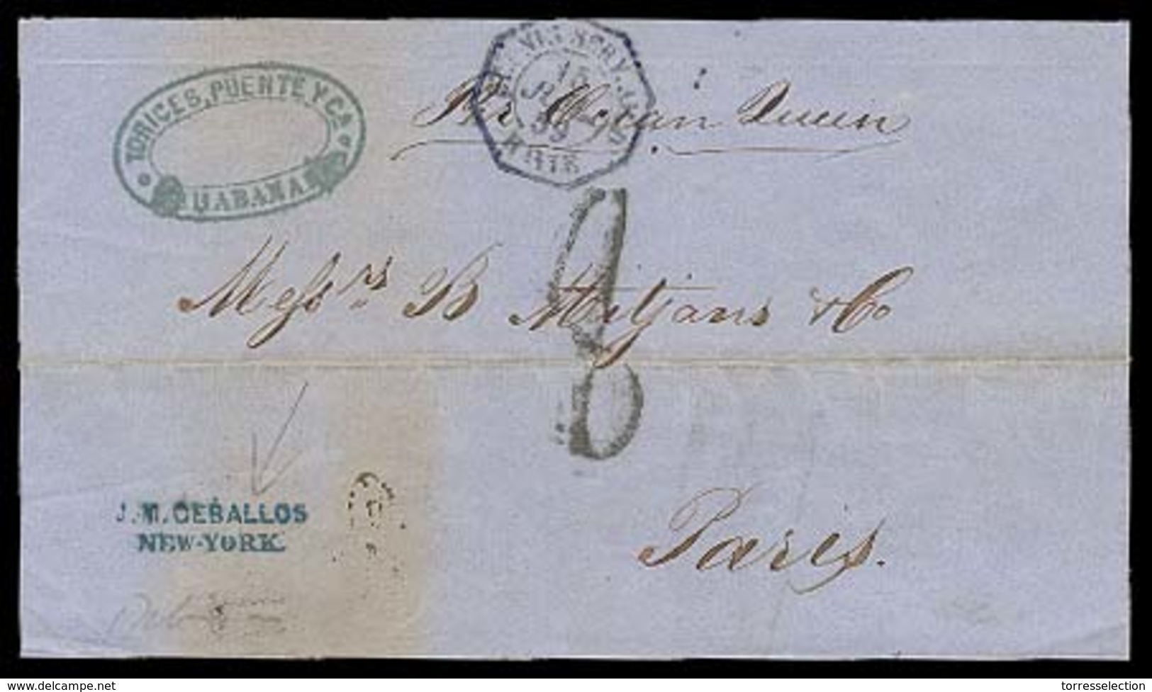 CUBA. 1859. Habana - France. EL Forwarded To NY By / J.M. Ceballos + Blue Octagonal "Etats Unis. Service Americaine - Ha - Autres & Non Classés