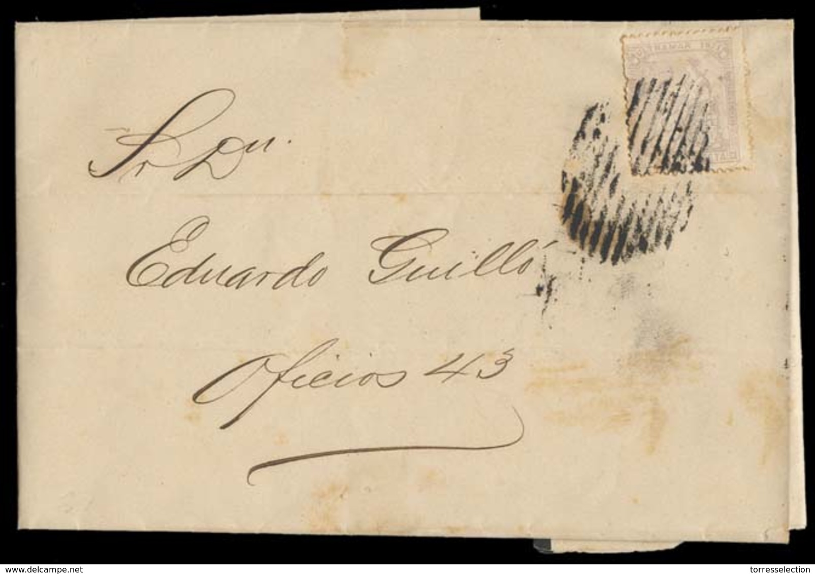 CUBA. 1871 (Apr 29). Habana Local Mail. Printed Wrapper Fkd 12a Peseta Lilac 1871 Issue, Grill Cancel. V Scarce. - Autres & Non Classés