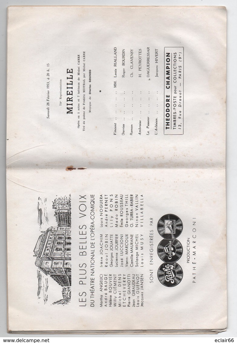 Opéra Comique Programme Des Année 1953 Théatre National Publicités 25 Pages  Voir Scannes - Programas