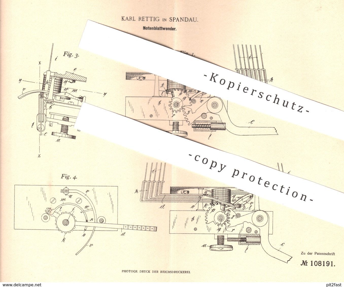 Original Patent - Karl Rettig , Berlin / Spandau , 1899 , Notenblattwender | Notenblatt | Musik , Musikinstrumente !! - Historische Dokumente