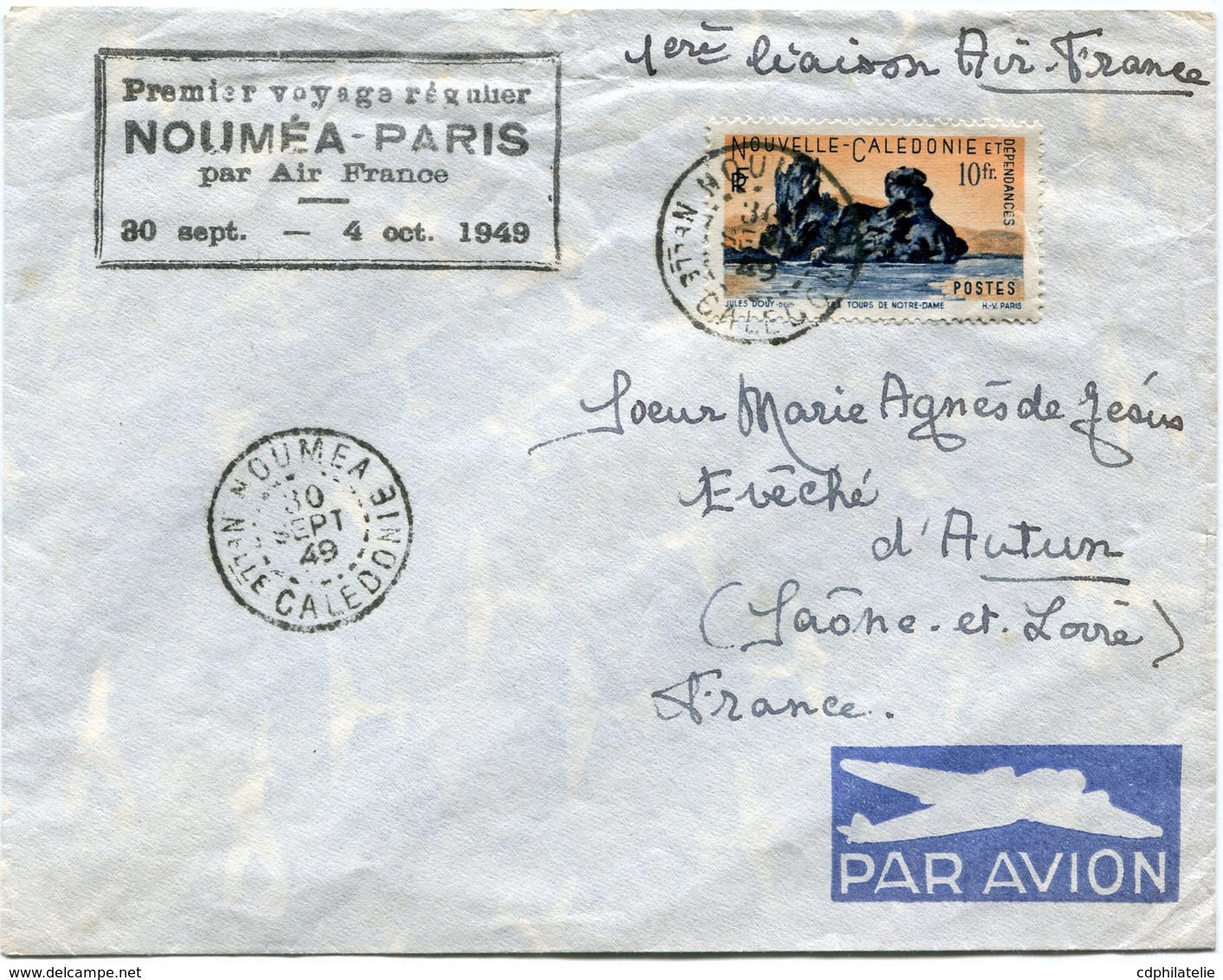 NOUVELLE-CALEDONIE LETTRE PAR AVION AVEC CACHET "PREMIER VOYAGE REGULIER NOUMEA-PARIS PAR AIR FRANCE 30 SEPT-4 OCT 1949" - Lettres & Documents