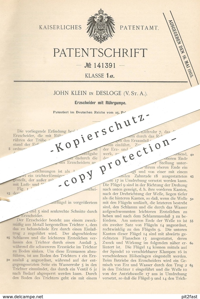 Original Patent - John Klein , Desloge , USA , 1902 , Erzscheider Mit Rührgumpe | Erz , Erze | Rührwerk | Trichter !!! - Historische Dokumente