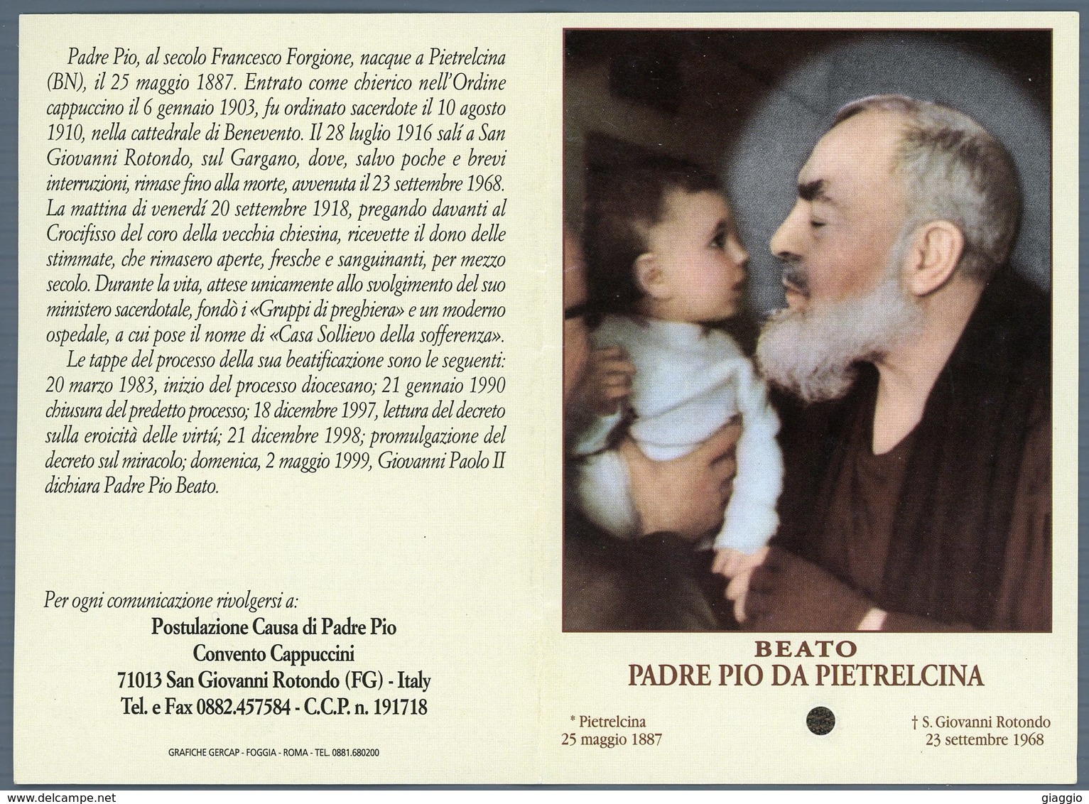 °°° Santino N. 778 - San Giovanni Rotondo Padre Pio Da Pietralcina Con Reliquia °°° - Foggia