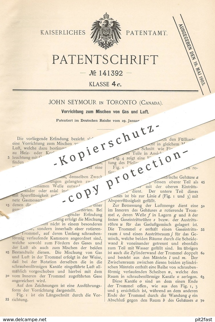 Original Patent - John Seymour , Toronto , Canada , Kanada | 1902 , Mischen Von Gas Und Luft | Heizung , Kochherd , Herd - Historische Dokumente