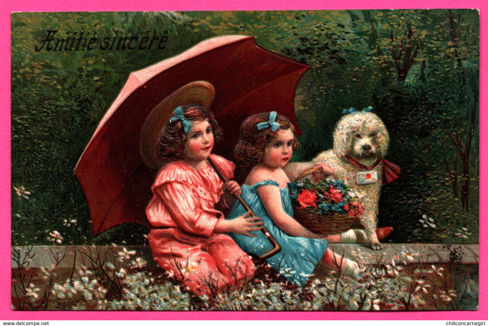 Cp Fantaisie Embossed - Gaufrée - Amitié Sincère - Fillettes - Fillette - Parapluie - Chien - Panier - Fleur - 1908 - Otros & Sin Clasificación