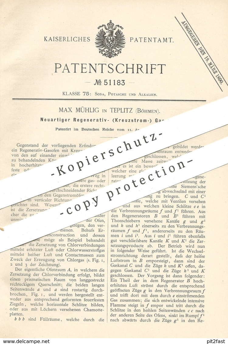 Original Patent - Max Mühlig , Teplitz / Böhmen , 1889 , Regenerativ - Kreuzstrom - Gasofen | Gas - Ofen | Öfen , Gase ! - Historische Dokumente