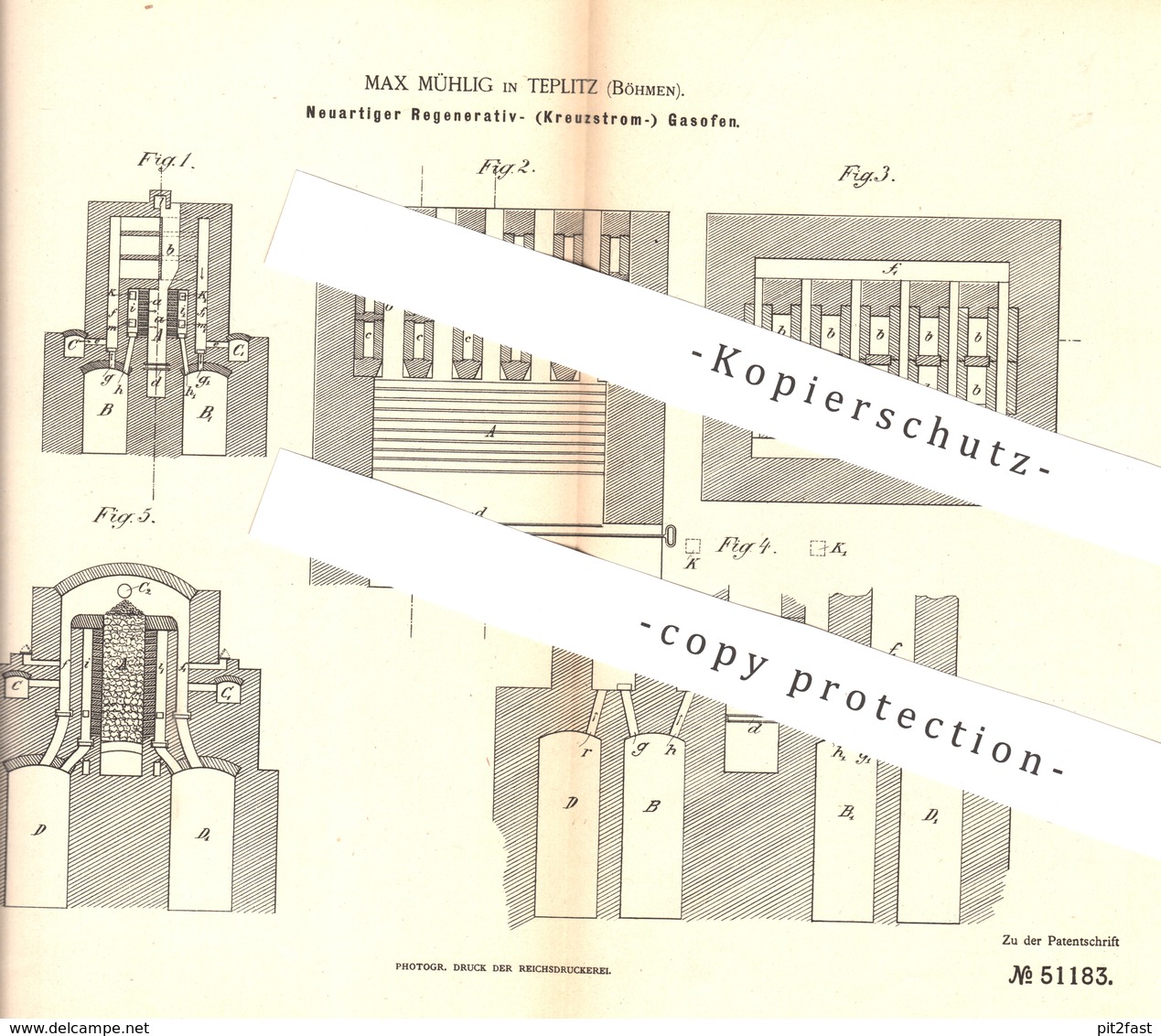 Original Patent - Max Mühlig , Teplitz / Böhmen , 1889 , Regenerativ - Kreuzstrom - Gasofen | Gas - Ofen | Öfen , Gase ! - Historische Dokumente