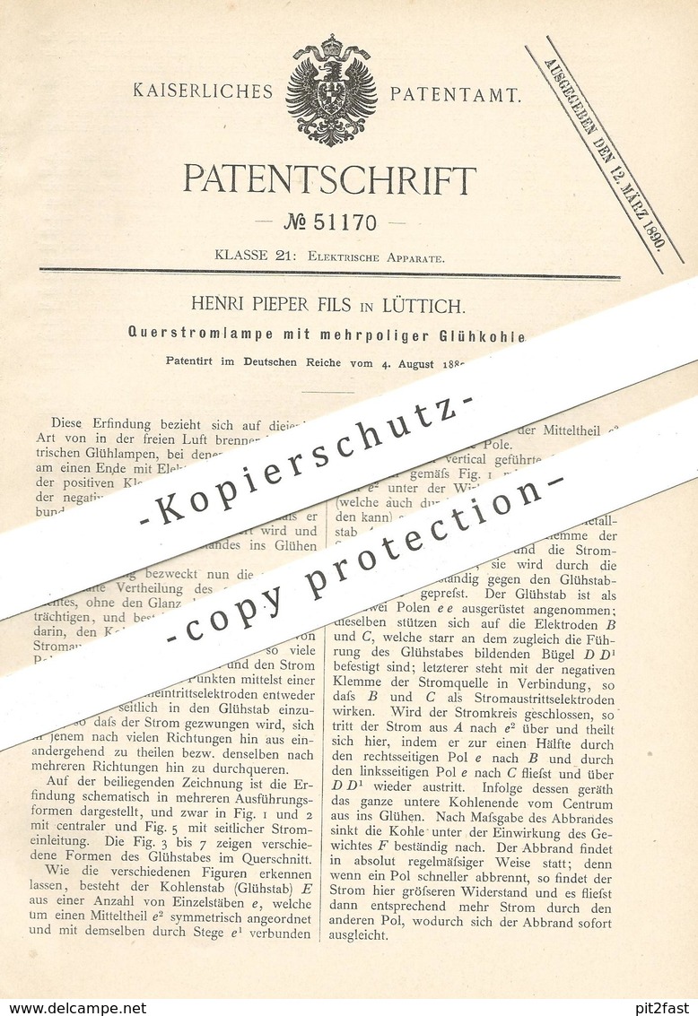 Original Patent - Henri Pieper Fils , Lüttich , 1889 , Querstromlampe Mit Glühkohle | Strom , Lampe , Elektriker !!! - Historische Dokumente