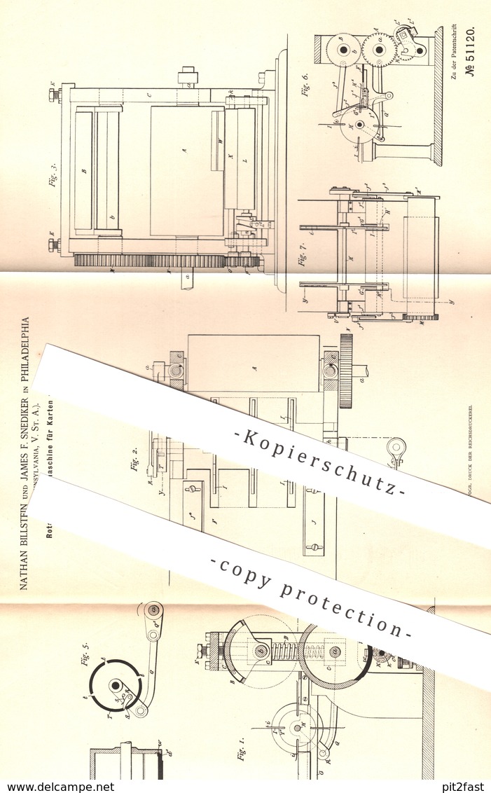 Original Patent - Nathan Billstein , James F. Snediker , Philadelphia Pennsylvania USA , 1889 , Druckmaschine Für Karten - Historische Dokumente