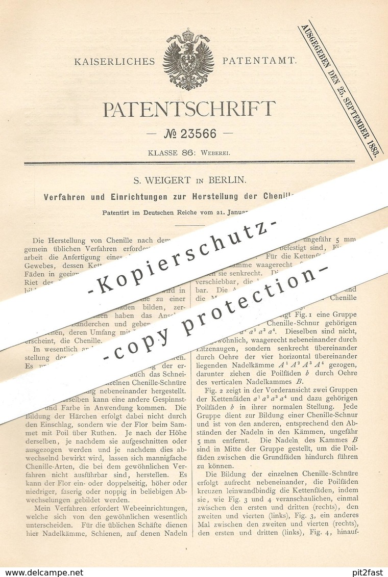 Original Patent - S. Weigert , Berlin , 1883 , Herstellung Von Chenille - Streifen | Weben , Wolle , Weberei , Weber !! - Historische Dokumente