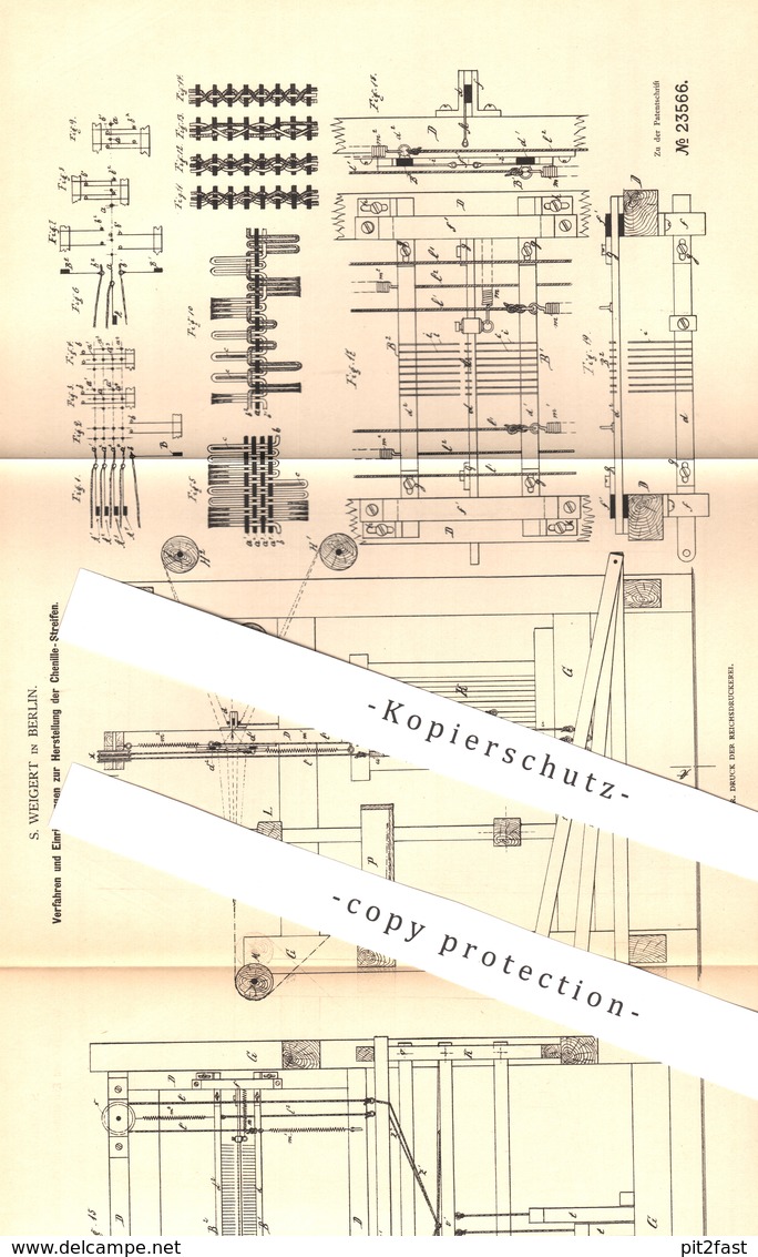 Original Patent - S. Weigert , Berlin , 1883 , Herstellung Von Chenille - Streifen | Weben , Wolle , Weberei , Weber !! - Historische Dokumente