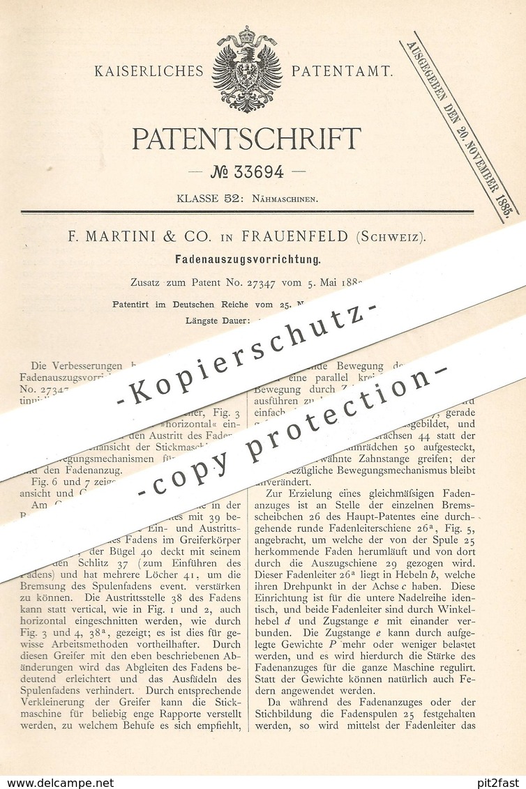 Original Patent - F. Martini & Co. , Frauenfeld / Schweiz , 1884 , Fadenauszugsvorrichtung | Nähmaschine , Schneider !! - Historische Dokumente