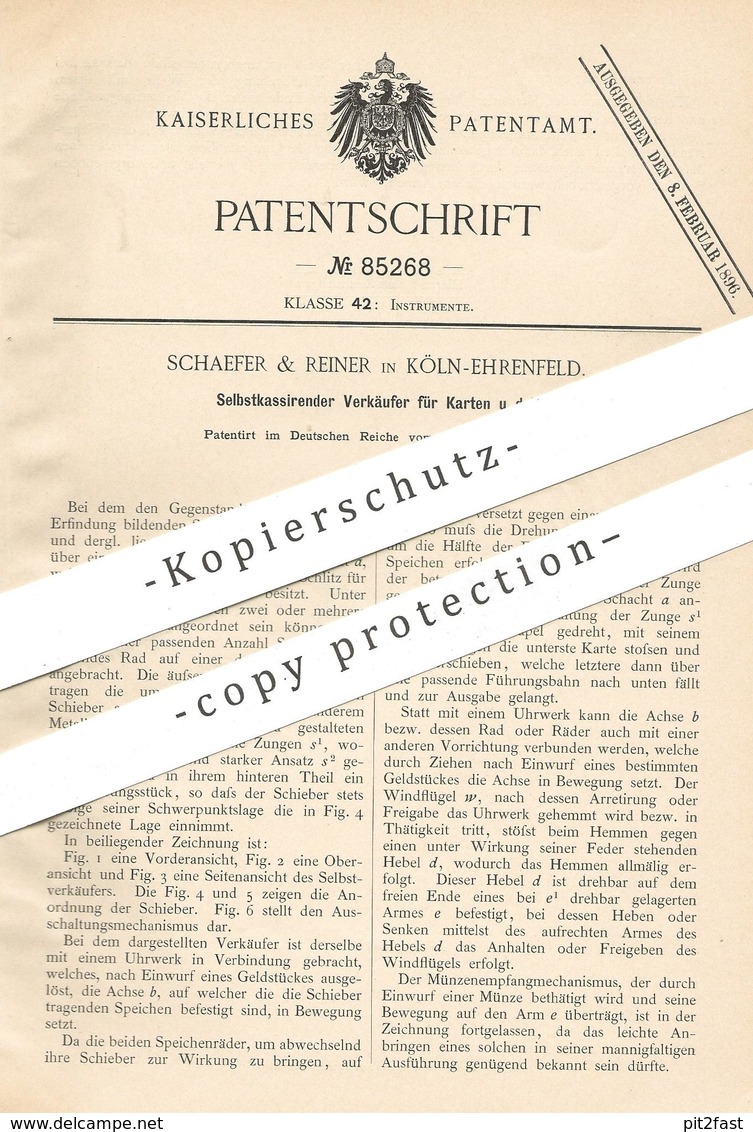 Original Patent - Schaeffer & Reiner , Köln / Ehrenfeld , 1895 , Automat Für Karten | Verkaufsautomat , Fahrkarten !!! - Historische Dokumente