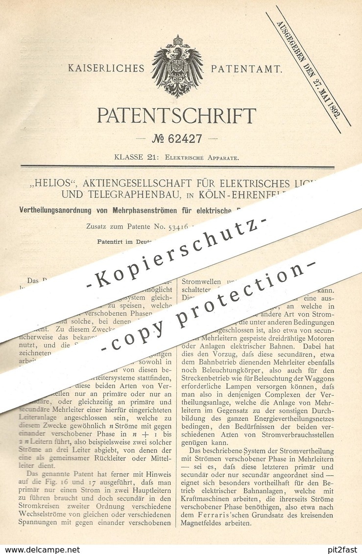 Original Patent - Helios AG Für Elektrisches Licht & Telegraphenbau , Köln / Ehrenfeld , 1888 , Elektrische Bahnanlagen - Historical Documents