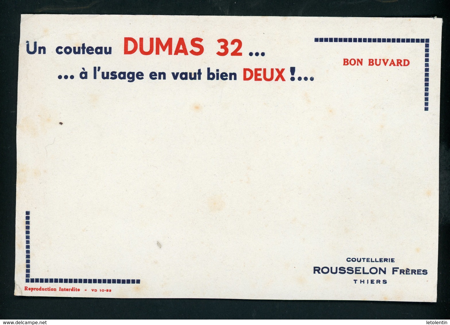 BUVARD:  UN COUTEAU DUMAS 32 , À L'USAGE EN VAUT BIEN DEUX - ROUSSELON THIERS - FORMAT  Env. 20X13 Cm - D