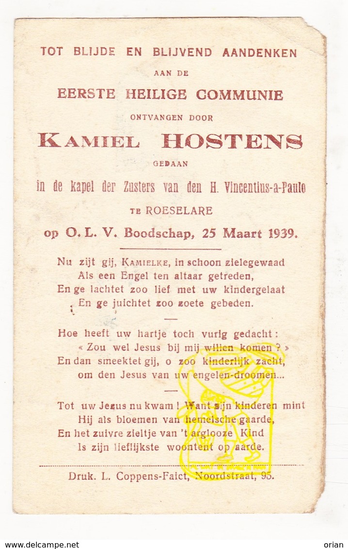 DP Communie - Kamiel Hostens / Roeselare 1939 - Communion