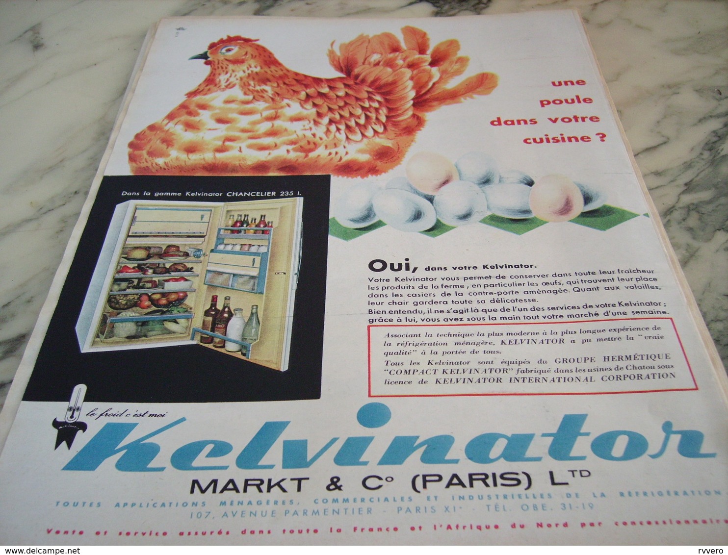 ANCIENNE PUBLICITE UNE POULE DANS VOTRE CUISINE KELVINATOR 1960 - Autres & Non Classés