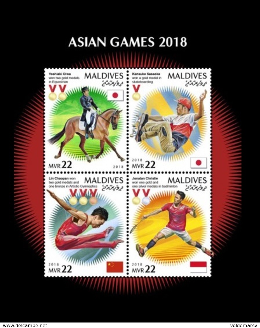 Maldives 2019 Mih. 8114/17 Asian Games In Indonesia. Horses. Equestrian. Skateboarding. Gymnastics. Badminton MNH ** - Maldives (1965-...)