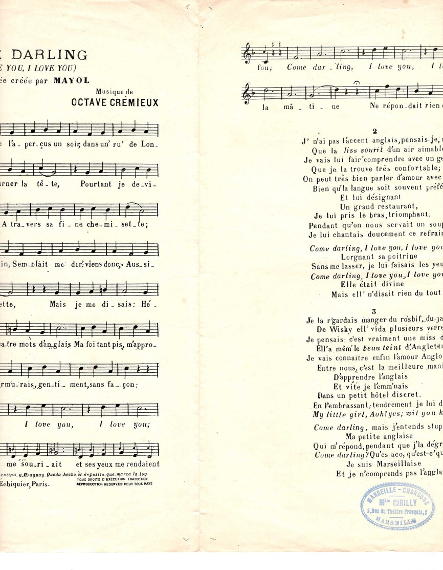 CAF CONC MAYOL PARTITION COME DARLING MYRA OCTAVE CRÉMIEUX POUSTHOMIS COULEUR I LOVE YOU - Autres & Non Classés