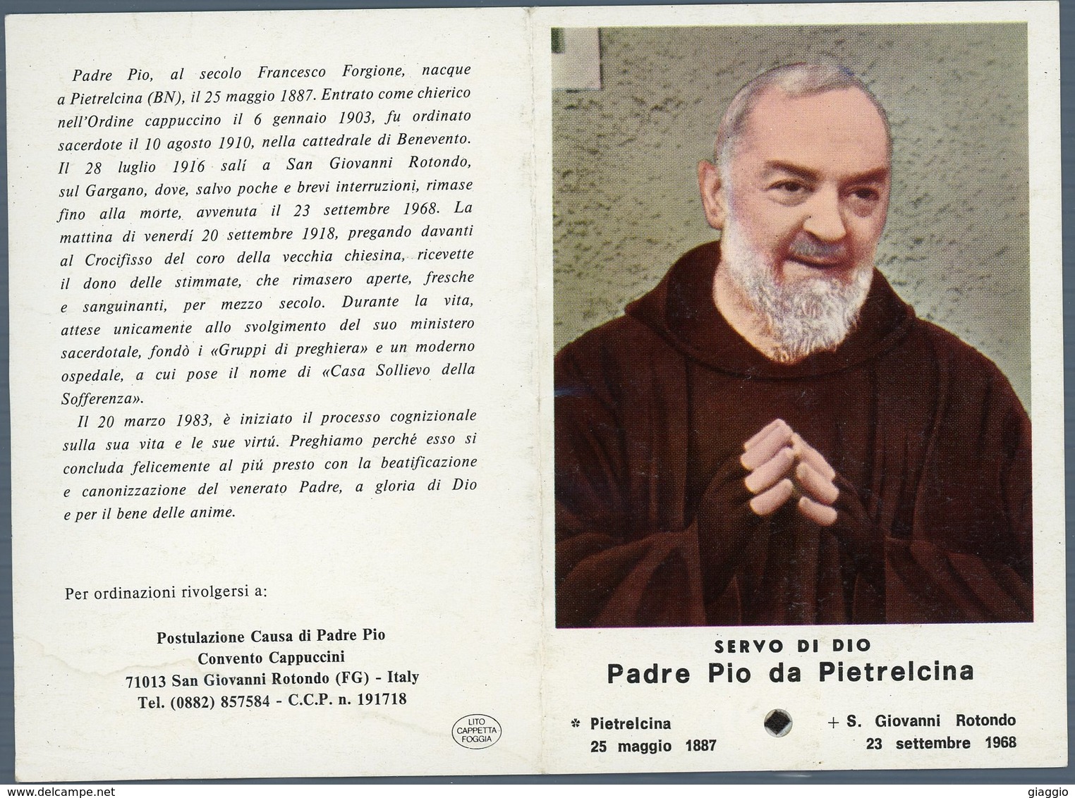 °°° Santino N. 776 - San Giovanni Rotondo Padre Pio Da Pietralcina Con Reliquia °°° - Foggia