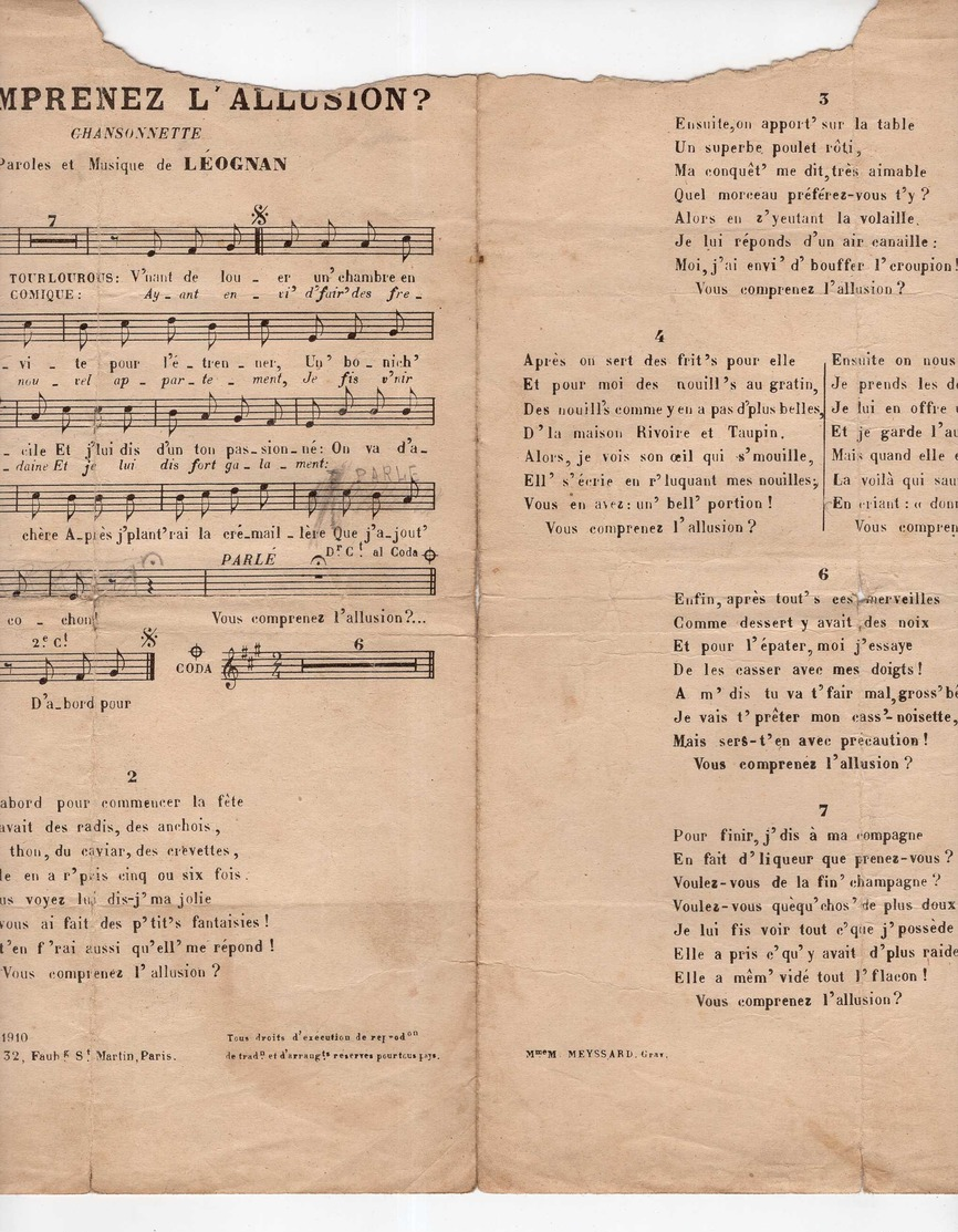 CAF CONC BACH TRAMEL HUMOUR PARTITION VOUS COMPRENEZ L'ALLUSION LÉOGNAN 1911 POUSTHOMIS SERJIUS CHARLUS GIMEL - Altri & Non Classificati