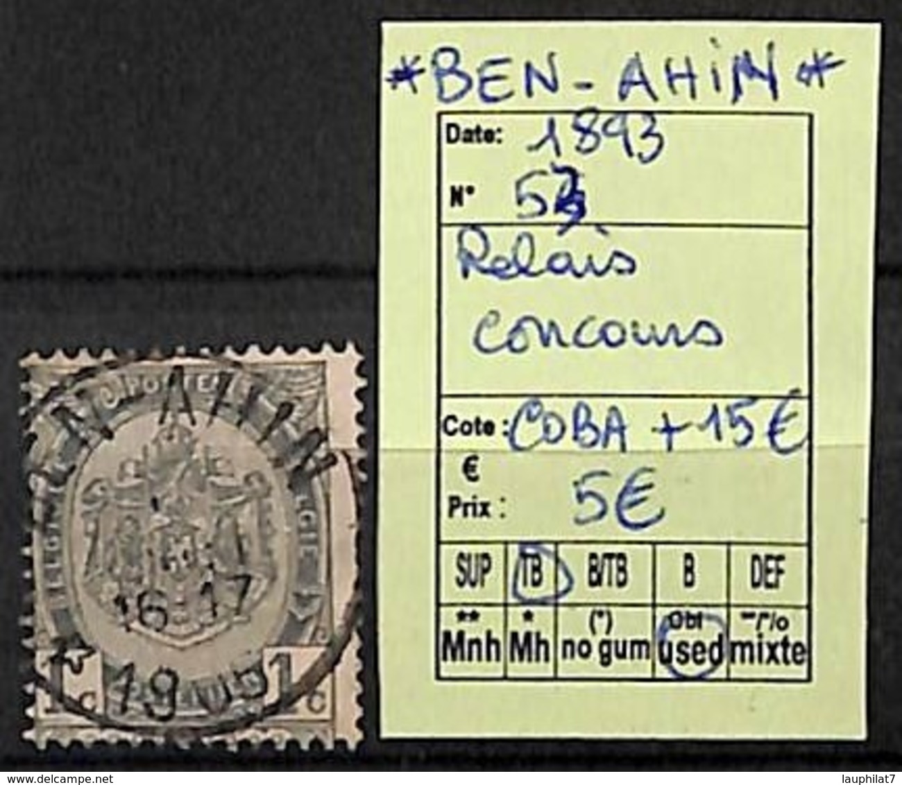 [822757]Belgique 1893 - N° 53, Ben-Ahin, Relais, Concours - 1893-1907 Armoiries