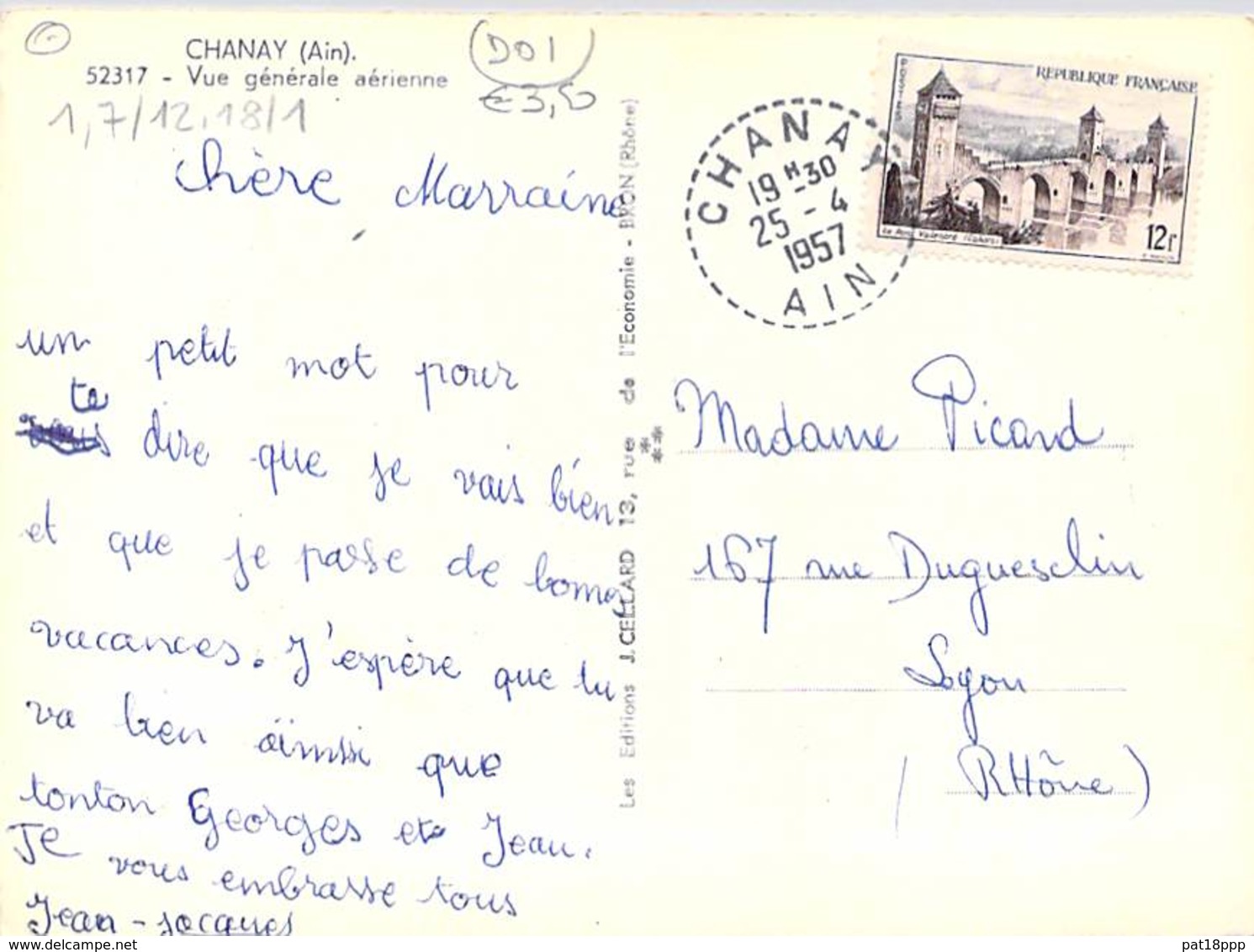 01 - CHANAY : Vue Générale Aérienne - CPSM Dentelée Noir Blanc Grand Format 1957 - Ain - Unclassified