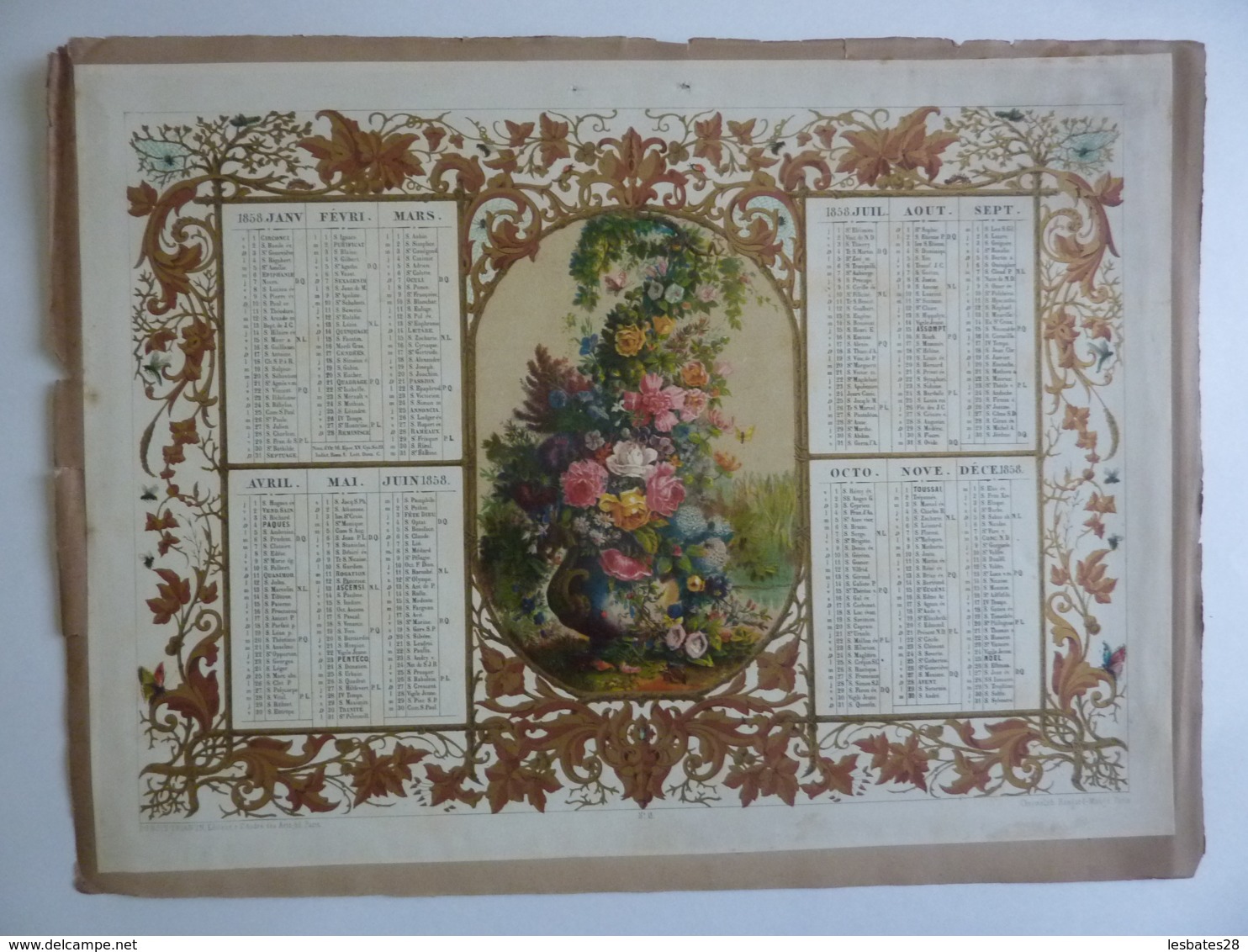 CHROMOLITHOGRAPHIE  ALMANACH -CALENDRIER 1858  -Chromo Médaillon Vase Avec Fleurs -Edit Dubois-Trianon - Grand Format : ...-1900