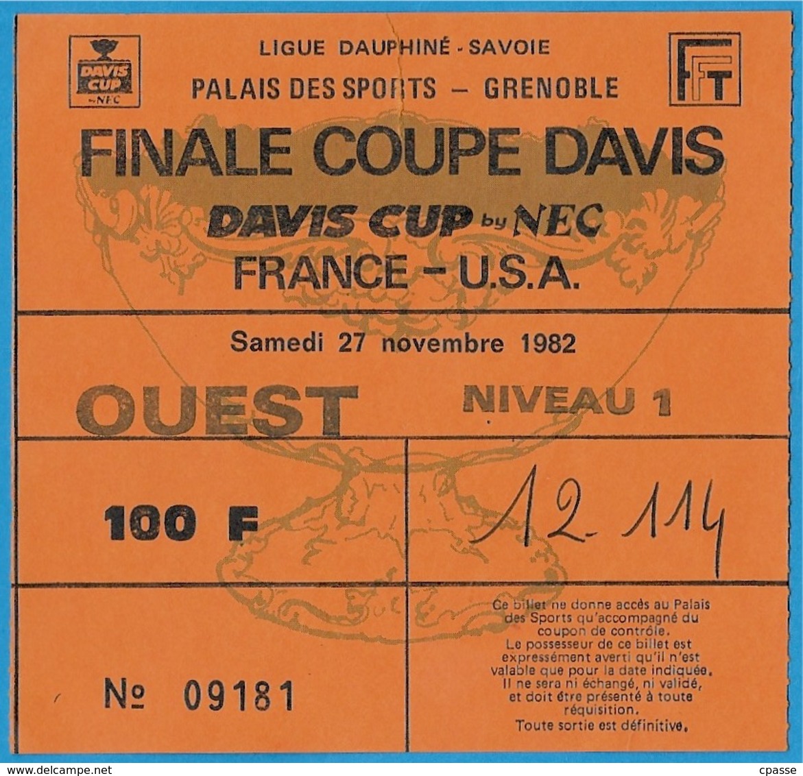 Ticket D' Entrée FINALE COUPE DAVIS FRANCE U.S.A. 38 GRENOBLE 1982 ** Cup Sport TENNIS - Eintrittskarten