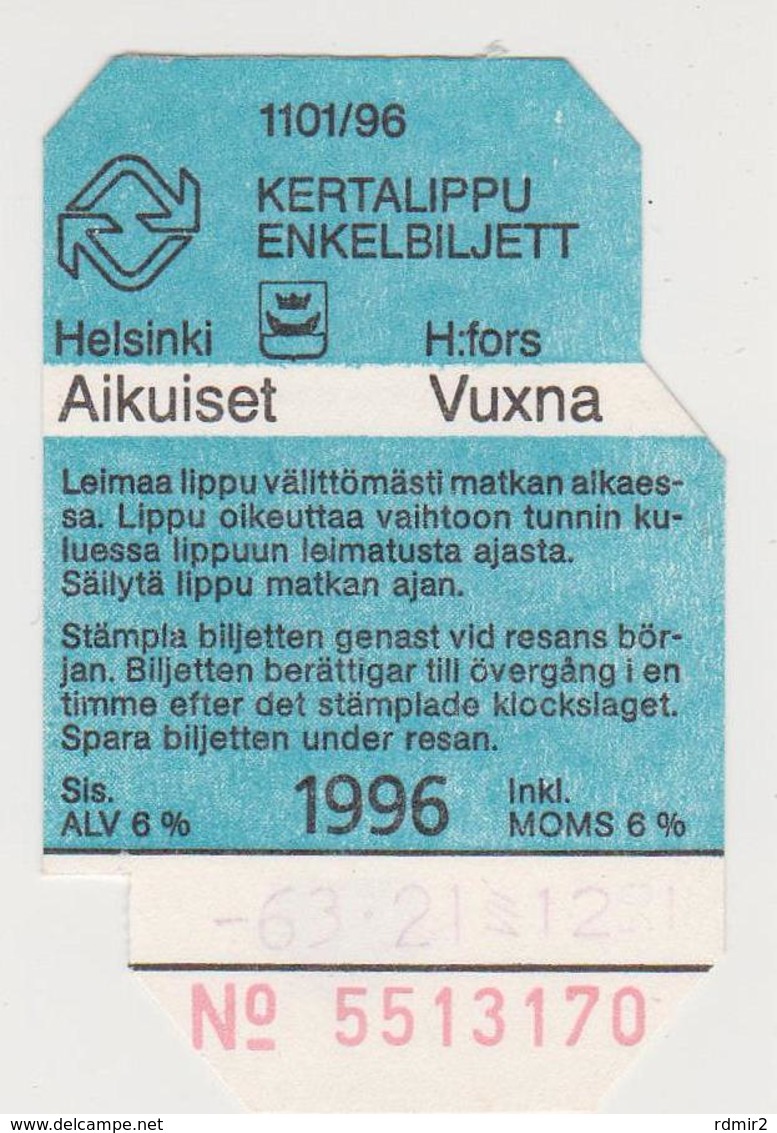 602d/ HELSINKI, Finland. Used Tramway Ticket / Billet De Tram Utilisée (1996) - Europa